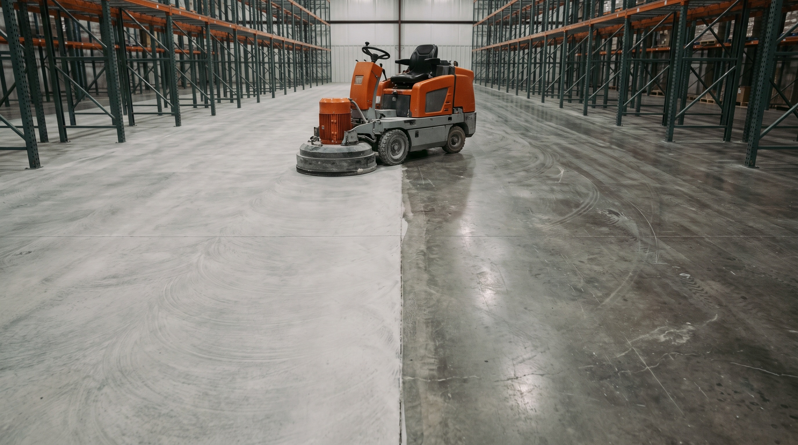 Ride-on grinder halfway across a warehouse slab, the ground half pale and open beside the old gray coating