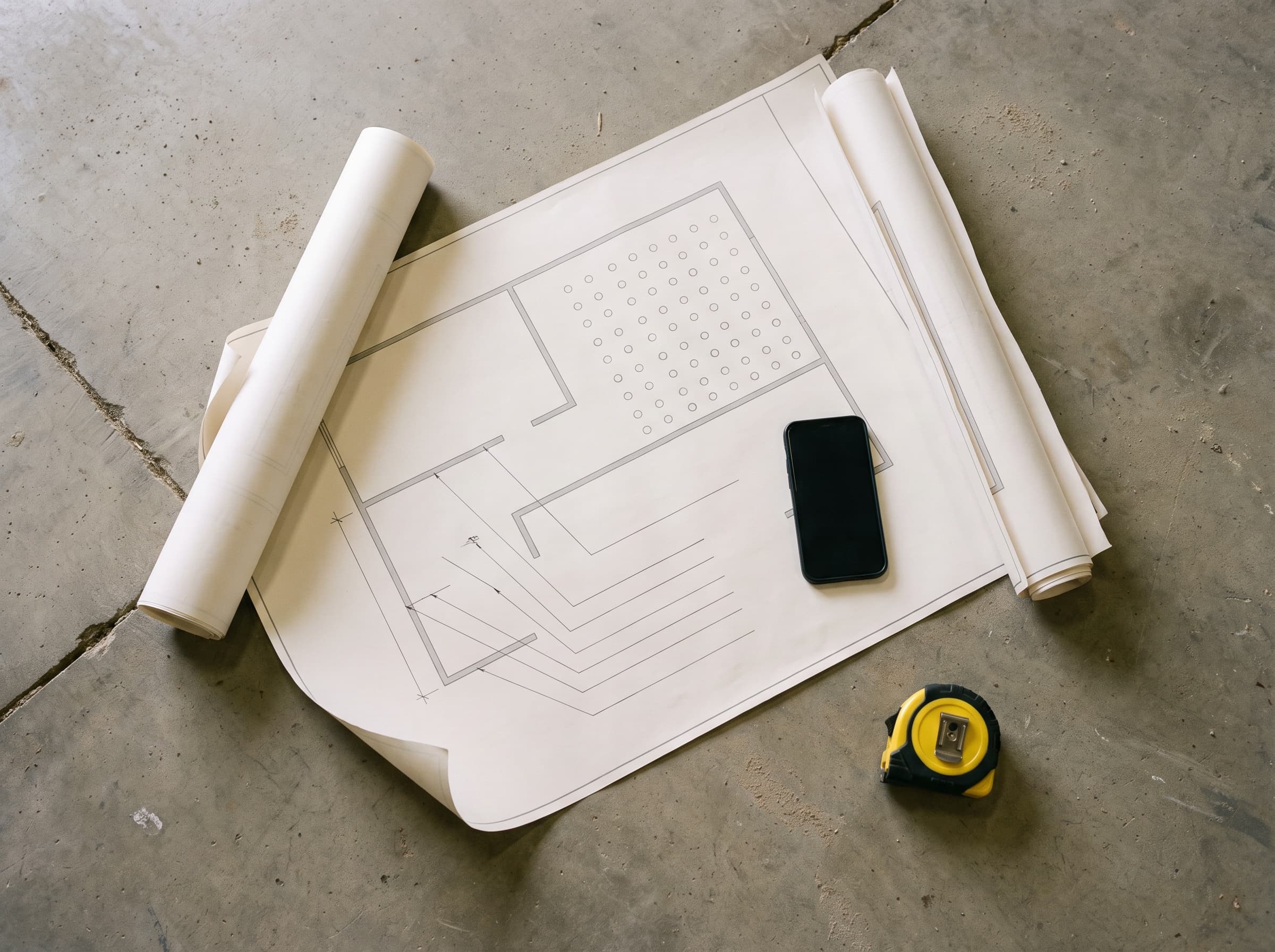 A set of floor plan drawings unrolled on a bare warehouse slab beside a phone and a tape measure