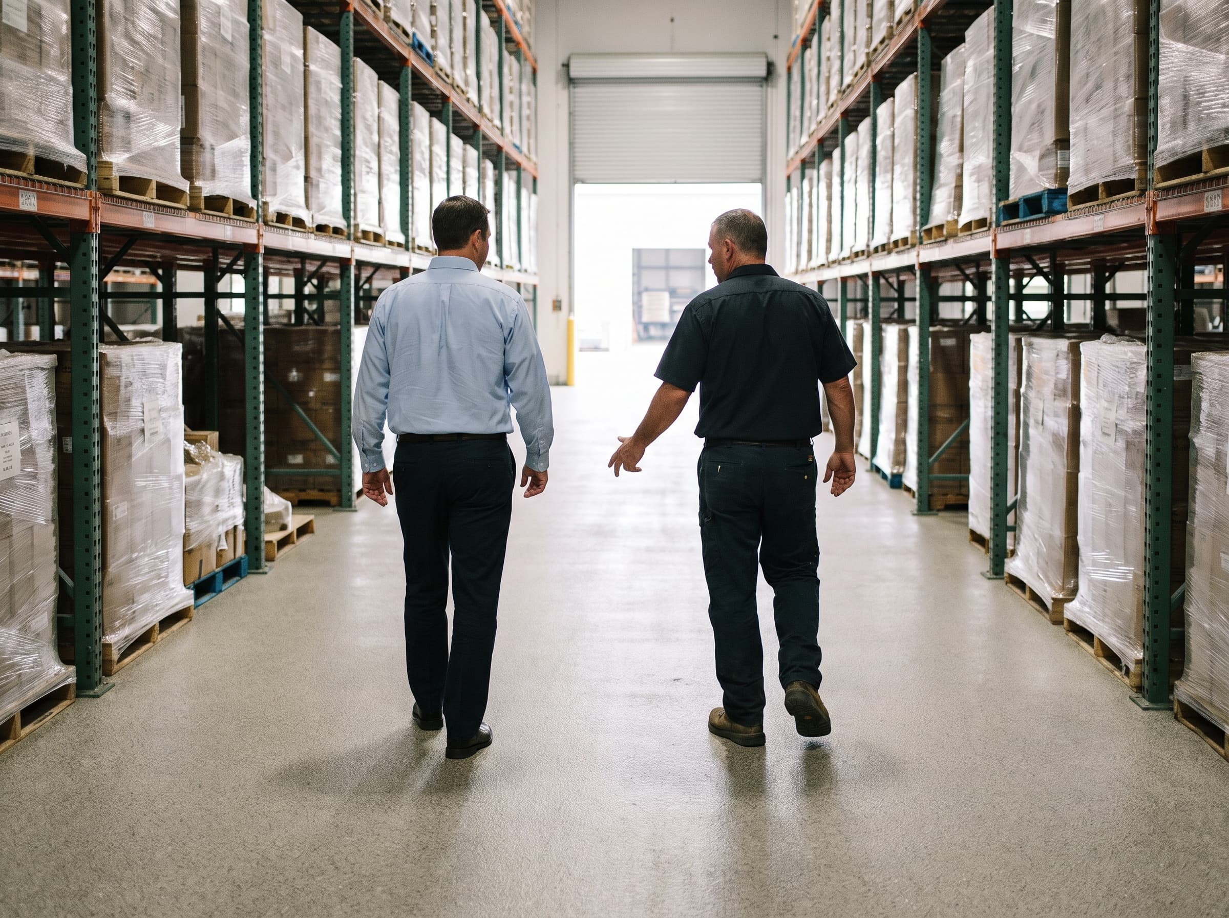 Facility manager and crew member walking a finished quartz warehouse floor together, seen from behind