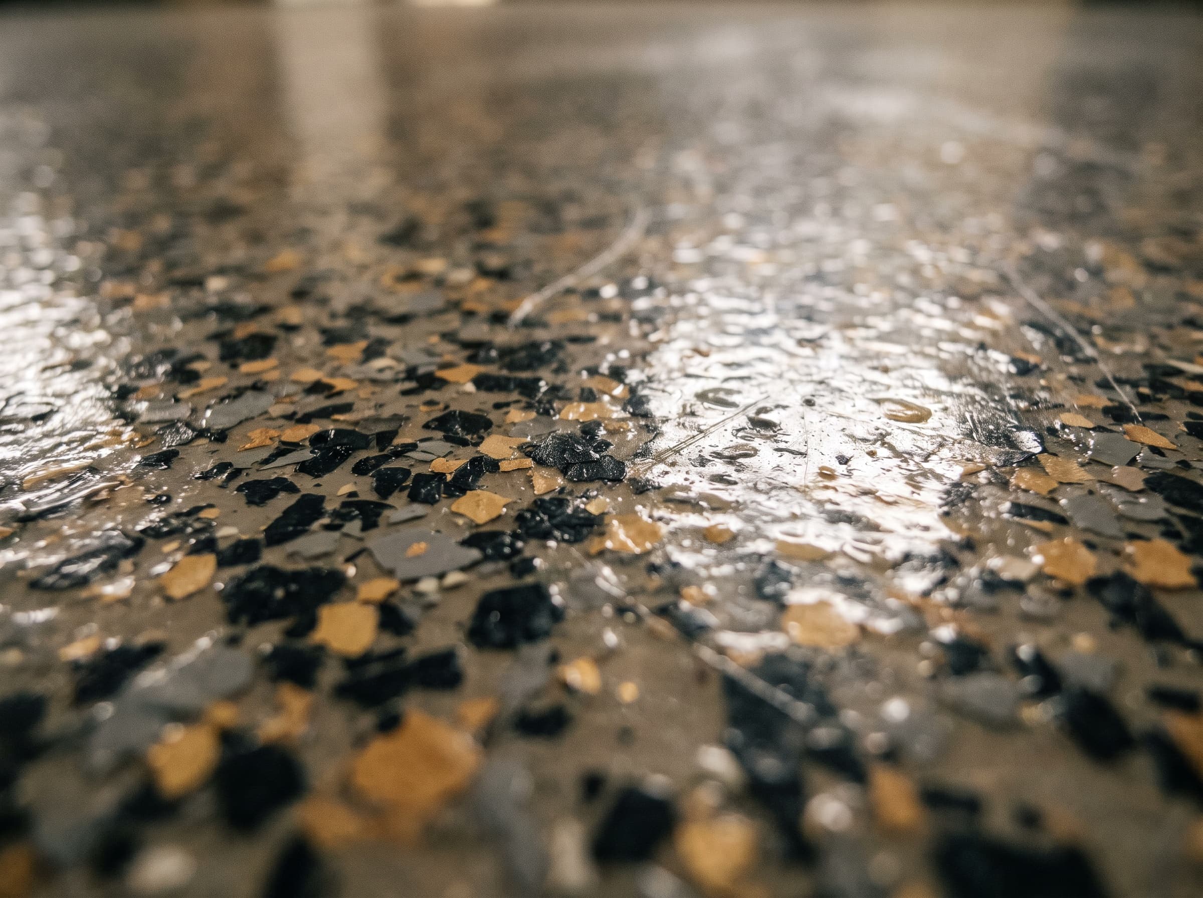 Macro of a flake blend floor with black, grey and gold flakes in clear coat